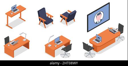 Isometrische Symbole Satz von Möbeln und Computern für Remote-Arbeitsplätze isoliert auf weißem Hintergrund 3D Vektor-Illustration Stock Vektor