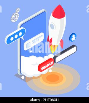 Isometrisches App Store Optimierungskonzept mit Smartphone-Rakete Suchleiste auf blauem Hintergrund 3D Vektor-Illustration Stock Vektor