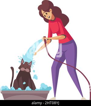 Pflege flache Zusammensetzung mit Frau gießen Wasser auf ihre Katze Vektor-Illustration Stock Vektor