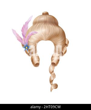 Realistische Rokoko Frauen Perücke vintage Komposition mit isolierten Bild von flauschigen Haaren mit Blumen und Federn Vektor-Illustration Stock Vektor