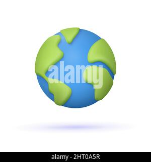 Planet Erde, Globus mit Weltkarte. Ökologisches Konzept. 3D Vektorsymbol. Minimalistischer Cartoon-Stil. Stock Vektor