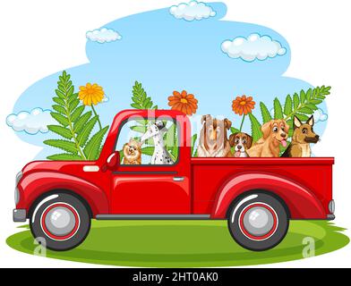 Viele Hunde fahren auf roten LKW in der Park-Illustration Stock Vektor