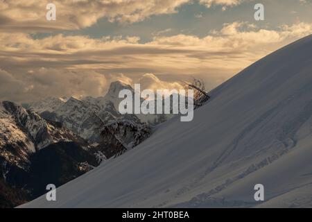 Auf dem Berg Zoncolan, Karnischen alpen nach einem großen Schneefall. Provinz Udine, Region Friaul-Julisch Venetien, Italien Stockfoto