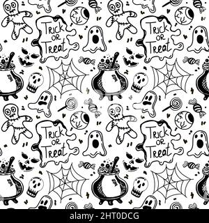 Nahtloser Hintergrund mit Halloween-Elementen im Doodle-Stil gezeichnet. Gifttränke, Spinnennetze, p- und Voodoo-Puppen. Monogame Halloween Hintergrund Stock Vektor