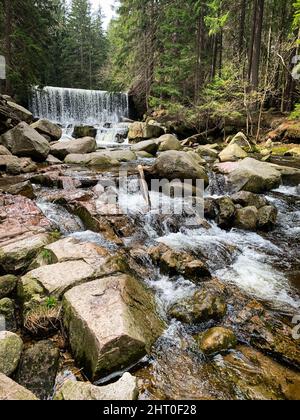 Wilder Wasserfall (Dziki wodospad) in den polnischen Bergen bei Karpacz, Frühling, Polen Stockfoto