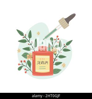 Vektor-Illustration von Gesichtspflege-Serum mit botanischem Dekor. Kosmetikindustrie Stock Vektor