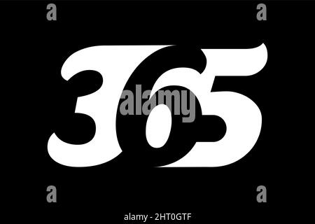 365 Logo auf schwarzem Hintergrund. Weißer Text mit negativem Leerzeichen. Jeden Tag in einem Jahr Zeichen. Zahlen drei sechs fünf. Unendlichkeits-Symbol. Vektor Stock Vektor