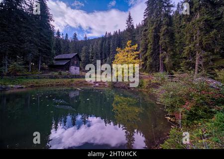 Ein Haus an einem See mitten im Wald auf dem Weg zur Geisler Alm im Herbst. Stockfoto