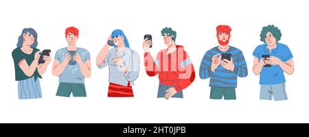 Menschen stehen Reihe und mit Handys, Cartoon flache Vektor-Illustration isoliert auf weißem Hintergrund. Junge Menschen kommunizieren über ein Mobilfunknetz. Stock Vektor