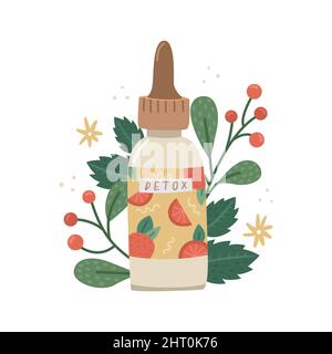 Vektor-Illustration von Gesichtspflege-Serum mit botanischem Dekor. Kosmetikindustrie Stock Vektor