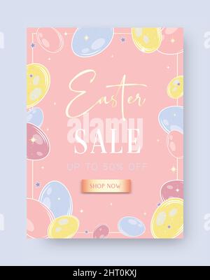Frohe Ostern mit bunten Eiern, Tulpenblüten. Einkaufsplakat. Design-Banner für Ostersonntag Stock Vektor