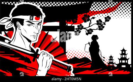 Samurai-Mann mit einem Katana und einem Mädchen auf dem Hintergrund von Pagoden und Sakura-Blumen im Stil von Manga und Anime. Stock Vektor