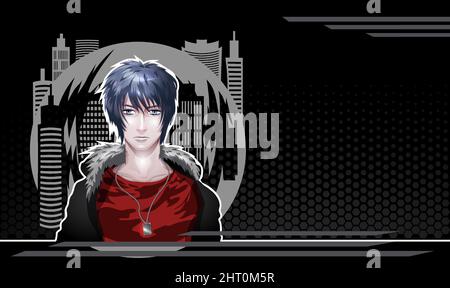 Hintergrund mit einem jungen Mann mit blauen Augen im Stil von Manga und Anime. Stock Vektor