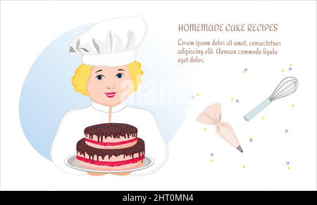 Konditor ist eine Frau in Uniform. Der Konditor hält den Kuchen auf einem Tablett Vector Stock Vektor