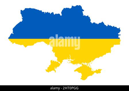 Flagge der Ukraine, im Land Silhouette. Zweifarbige Nationalflagge mit zwei gleich großen horizontalen Bändern aus Blau und Gelb. Überblick über die Ukraine. Stockfoto