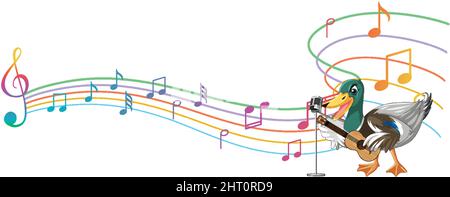 Die Ente spielt Gitarre, Ukulele mit Notenabbildung Stock Vektor