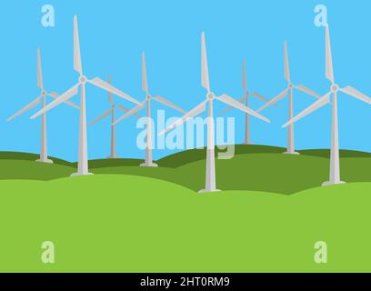 Grünes Konzept für erneuerbare Energien, Windturbinen in grüner Landschaft, Vektorgrafik mit Kopierraum Stock Vektor