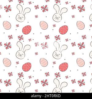 Happy Easter Nahtloses Muster. Trendiges Osterdesign mit handgezeichneten Strichen und Eiern, Hase, Blumen in Pastellfarben. Muster mit Blumen und ein Stock Vektor