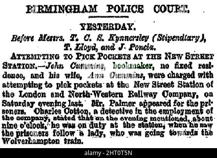 Birmingham Daily Post 13. Dezember 1864; - Zeitungsbericht über Taschendiebe vor Gericht wurde beschuldigt, versucht zu haben, Taschen an der New Street Station zu holen (die Londoner und North Western Railway Company John Cummins und seine Frau Ann Cummins ohne festen Wohnsitz wurden von einem Herrn Palmer vertreten, Vermutlich ein Anwalt und wurden von einem Detektiv Charles Cotton vor T C S Kynnersley (Stipendiary), T Lloyd und J Poncia verfolgt. Stockfoto