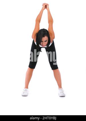 Die Arme bis zum Maximum strecken Eine junge Frau streckt ihre Arme hinter ihrem Rücken. Stockfoto