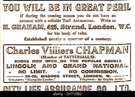 1912 - an English Advertisements for Turf Accountants (H Graham von 425 The Strand, London und Charles Villiers Chapman von 24-26 Maddox Street, London W.) Stockfoto