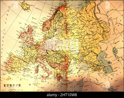 Eine farbige Schulkarte aus dem 19.. Jahrhundert von Europa, die Länder und Grenzen zeigt, wie sie damals waren Stockfoto