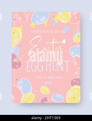 Vorlage für die Einladungsvorlage für Ostereiersuche. Ostereier flach dünne Linie handgezeichnete Doodle-Set. Ostereier-Dekoration. Für Poster, Flyer, Banner, Web Stock Vektor