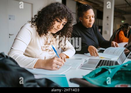 Multirassische Studentinnen, die studieren, während sie am Tisch in der Gemeinschaftshochschule sitzen Stockfoto