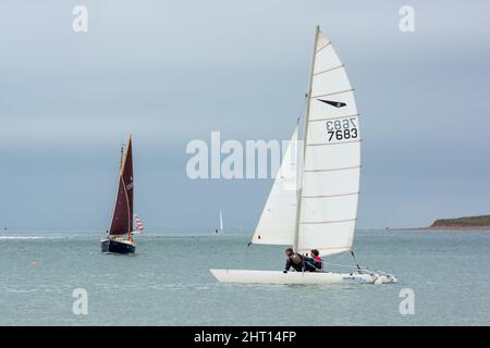 APPLEDORE, DEVON, UK - AUGUST 14 : Segeln in der Torridge und Taw Mündung in Devon am 14. August 2013. Zwei nicht identifizierte Personen. Stockfoto