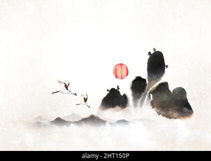 Die aufgehende Sonne über den Bergen, das strahlende neue Jahr, fliegende Kraniche und wunderschöne orientalische Gemälde mit Sonnenaufgang Stockfoto