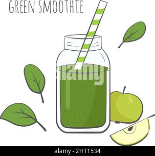 Grüner Smoothie im Glas mit Spinat und Apfel. Vektorgrafik. Stock Vektor