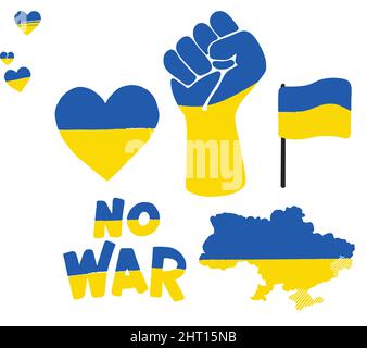 Ukraine Krieg Vektor Symbol gesetzt. Handgezeichnete Vektordarstellung Ukraine und Russland Krieg. Stopp Kriegszeichen, menschliche Faust, Herz, Ukraine Flagge, Ukraine Land . Stock Vektor