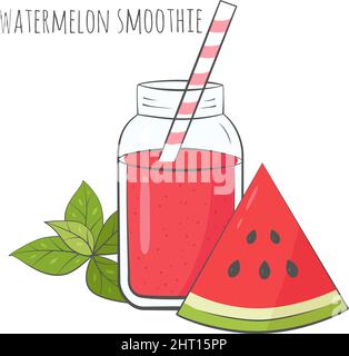 Wassermelone-Smoothie mit Basilikum im Glas. Vektorgrafik. Stock Vektor