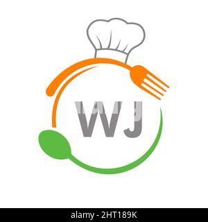 WJ Restaurant Logo mit Kochlöffel und Gabel-Vorlage. Restaurant Logo auf Brief WJ Barbecue, Cafe Logo Vector Stock Vektor