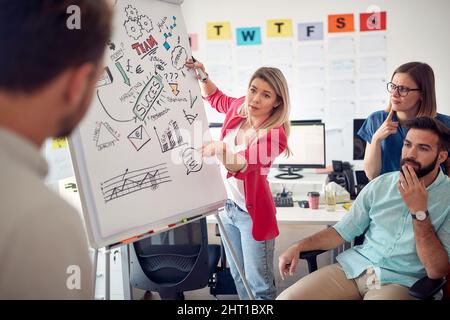 Eine Gruppe junger Mitarbeiter führt bei einem Treffen in einer Arbeitsatmosphäre im Büro ein Gespräch. Mitarbeiter, Job, Büro Stockfoto