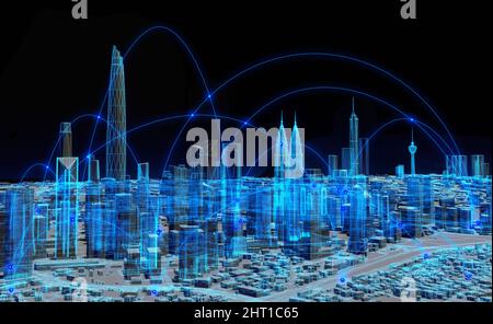 3D Rendering, digitales Kuala Lumpur City Drahtmodell in hellblauen und weißen Farbpartikeln, Kugelpartikel drahtlos verbunden. Digitaltechnik und Stockfoto