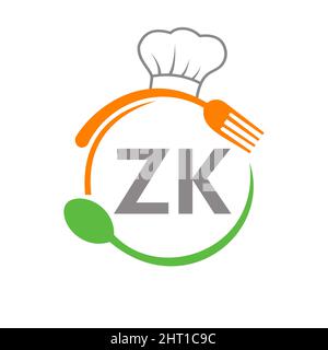 Schreiben Sie das ZK Restaurant Logo mit Kochlöffel und Gabel-Vorlage. Restaurant Logo auf Brief ZK Barbecue, Cafe Logo Vektor Stock Vektor