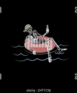 Im Gummiring liegt ein Skelett mit einer Flasche. Handgezeichnete Kunst Stock Vektor