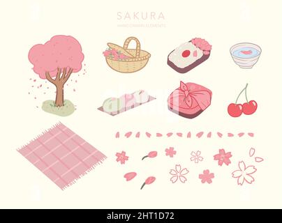 Set aus isolierten Sakura Hanami handgezeichneten Picknick-Elementen Stock Vektor