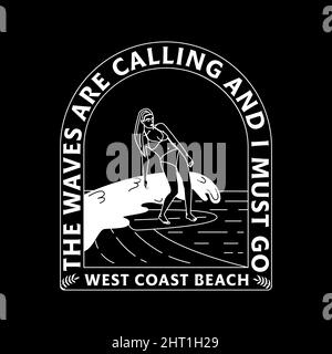 Ein handgezeichnetes Abzeichen mit einer Frau auf einem Surfbrett, Wellen und einer Inschrift. Surfkonzept. Für T-Shirt-Drucke, Poster und andere Zwecke. Lineart Stock Vektor
