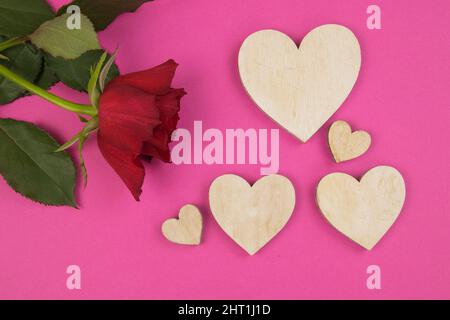 Rote Rose und Dekoration in Herzform auf rosa Hintergrund Stockfoto