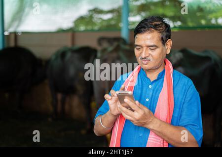 Indischer Milchviehbauer beschäftigt sich mit dem Handy auf dem Bauernhof - Konzept der Technologie, Internet und kleine Landwirtschaft. Stockfoto