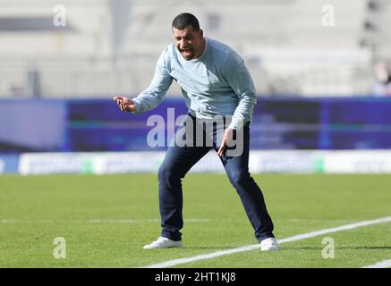 Karlsruhe, Deutschland. 26. Feb, 2022. firo : 26.. Februar 2022, Fuvuball, 2. Bundesliga, Saison 2021/2022, Karlsruher SC, KSC - FC Schalke 04 Gesture, Coach: Diwidrios Grammozis Credit: dpa/Alamy Live News Stockfoto