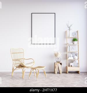 Imitierter Posterrahmen im modernen Innenhintergrund, Wohnzimmer, skandinavischer Stil, 3D Rendering Stockfoto