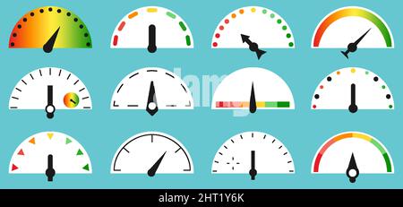 Tachometer und Anzeigen, Skalen mit Gradientensymbol isoliert auf blauem Hintergrund. Geschwindigkeitskonzept. Sammlung von Bewertungen mit verschiedenen Formen von Pfeilen. Schnelle und langsame Zeichen. Vektorgrafik Stock Vektor