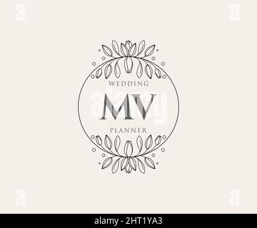 MV Initials Letter Hochzeit Monogram Logos Kollektion, handgezeichnete moderne minimalistische und florale Vorlagen für Einladungskarten, Save the Date, elegant Stock Vektor