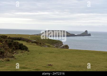 Blick von der Rhossili-Landzunge in Richtung Worms Head, Rhossili, Gower, Wales Stockfoto