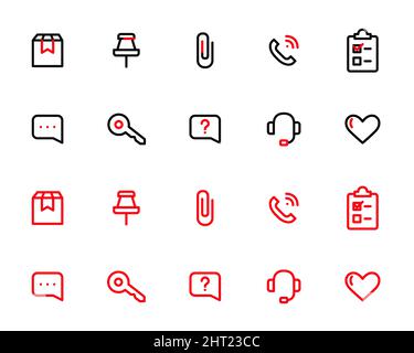 Symbole für einfache Benutzeroberfläche festgelegt. 10 Pixel perfekte, bearbeitbare Kontursymbole in 2 Farben. Lieferbox, Pinpoint, Telefonanruf, Messaging und Checkliste. Stock Vektor