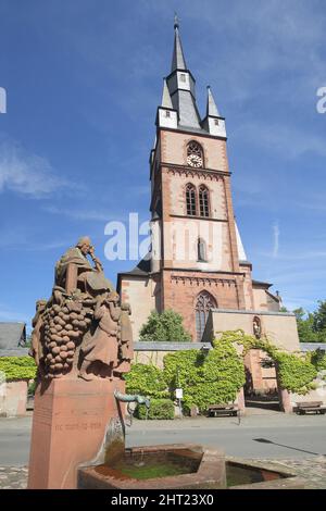 Gotische Kirche St. Valentinus und Dionysius, Marktbrunnen, Kiedrich, Rheingau, Hessen, Deutschland Stockfoto