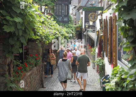 Tourist Drosselgasse, in Rüdesheim am Rhein, Hessen, Deutschland Stockfoto